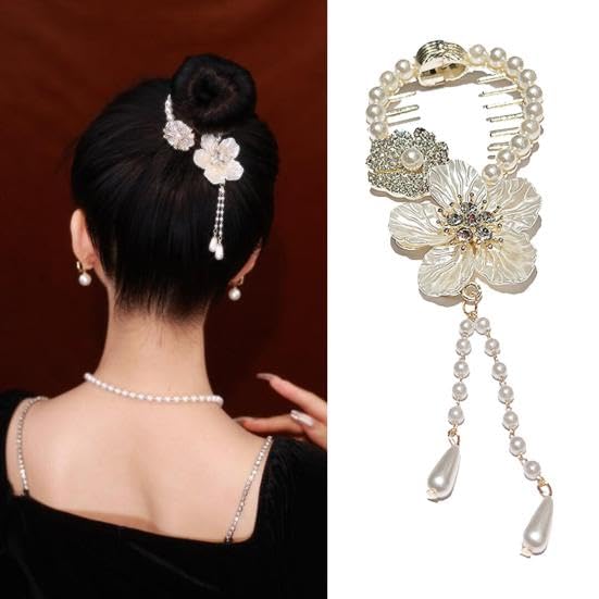 1PCS Pearl Flower Hair Bun Clips Butterfly Hair Clips,Pearl Hair Clips Medium Claw Clips for Thick Hair Strong Hold Jaw Clip Hair Accessories for Women and Girls (GOLD)