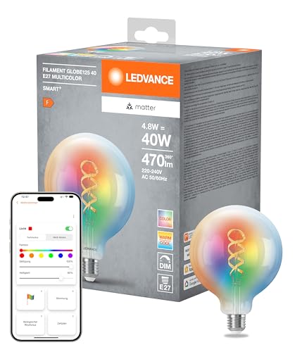 LEDVANCE SMART+ MATTER LED-Lampe, kompatibel mit Google, Alexa, Apple, Weißglas, 4,8W, 470lm, E27, Farblicht & Weißlicht, App- oder Sprachsteuerung, bis zu 15.000 Std. Lebensdauer, single pack