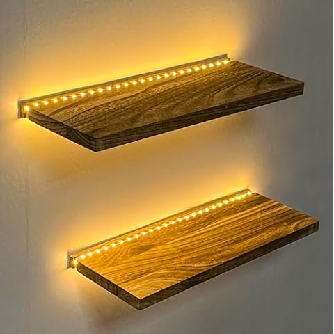 Floating Shelves for Wall Decor Wood Wall Mounted Shelves with LED Lights Set of 2, Sturdy Rustic Wood Shelves Farmhouse Shelf Hanging for Bedroom, Bathroom, Living Room, Kitchen (Battery powwer) Cover