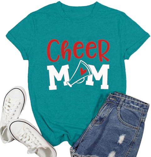 Ascrazy Cheer Mom Shirt for Women Sports Mama Life T-Shirt Game Day Mom Cheerleader Tee Tops Cyan