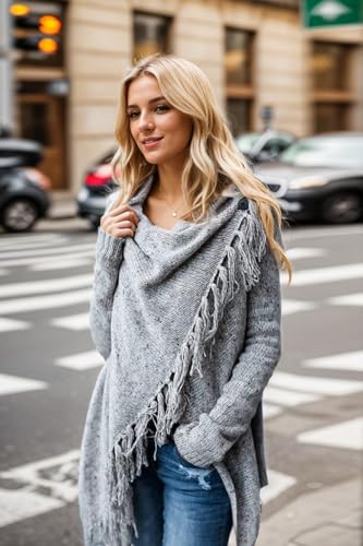 Image of Women's Open Front Knited Tassels Slash Loose Cardigan Crew Neck Speckled Fringe Sweater Outwear