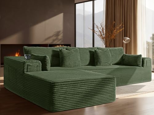 Image of 108 inch Cloud Sectional Couch, Comfort L Shaped Boneless Couch for Living Room, Extra Deep Seats No Assembly, Minimalist Modular Sofa, Corduroy (Olive Green, 2 Seater + Left Facing Chaise)