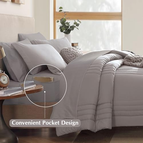 Image of Monbix Full Size Comforter Sets - 7 Pieces Cloud Purple Bed in a Bag Full Bedding Sets with Comforters, All Seasons Comforter Bed Set with Sheets, Pillowcases & Shams
