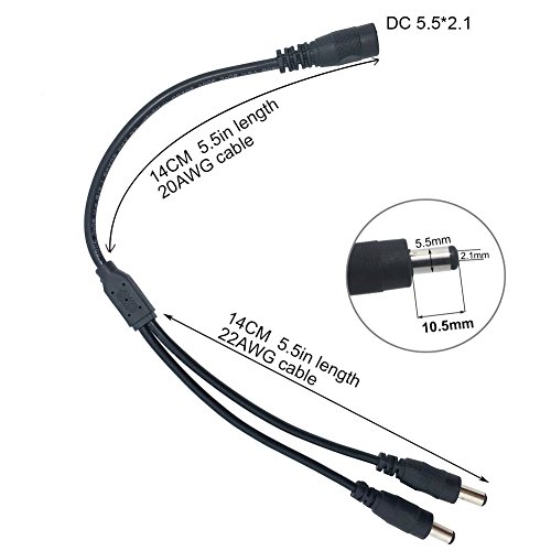 Litever Power Splitter, 2 Way, 1 Female Jack to 2 Male Plugs, 5.5mm x 2.1mm, 1:2, Y Adaptor Copper Cable, for CCTV Camera & LED Strip Lighting Power Supply Connector
