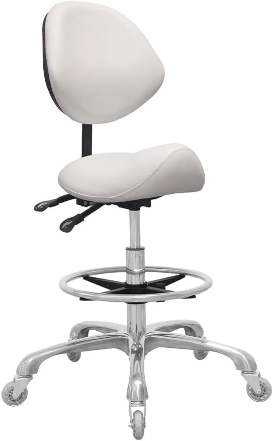 Saddle Stool Chair with Back Support Footrest, Heavy-Duty(350LBS), Hydraulic Rolling Swivel Adjustable Stool Chair for Salon Spa Beauty Massage Dental Clinic Home Office Use(White)