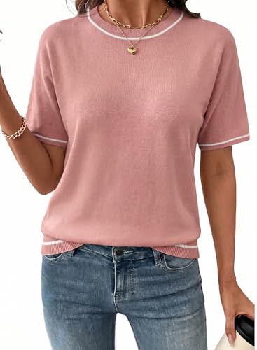 Image of SHEWIN Womens Tops Trendy Short Sleeve Shirts Crewneck Lightweight Knit Sweater Top Business Casual Outfits