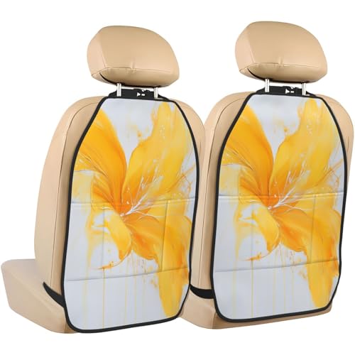Abstract Blooming Flower Yellow White Splash Car Seat Back Kick Protectors,2 Pack Kick Mats With Storage Pockets For Vehicles To Protect From Dirt Mud Scratches