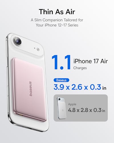 Image of Baseus Picogo Power Bank, 0.3 inch Ultra Slim 5000mAh MagSafe Portable Charger, Card-Size Magnetic Battery Pack with USB-C Braided Cable, Alloy Wireless Charger for iPhone 17 Pro Max /17 Air /16 /15 /14 /13 /12