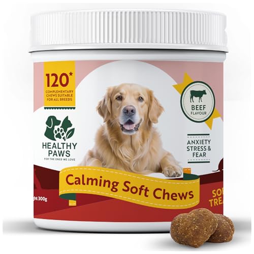 Healthy Paws Calming Treats for Dogs – Natural Anxiety & Stress Relief – Helps with Separation, Barking, Travel, Hyperactivity, Reactivity & Aggression – Calms Without Drowsiness