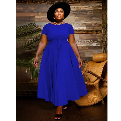 Image of BFFBABY Plus Size Dress A Line Dresses for Women Summer Long Dresses with Sleeve Casual Belted