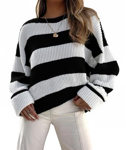 Image of Women's Striped Knitted Pullover Crew Neck Fall Winter Sweater Long Sleeve Color Block Jumper
