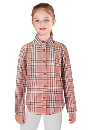 Solocote Girls Long Sleeve Flannel Plaid Shirt Button Down Cotton Blouse Loose Soft Tops, Sln2116-Pink-9-10Y #TOP25
