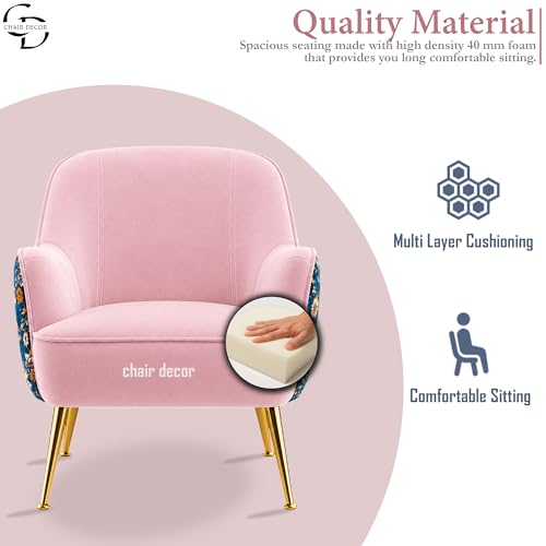 Image of Accent Chair with Ottoman | Modern Velvet Lounge Chair with Floral Designer Back | Upholstered Armchair for Living Room, Bedroom & Cafe | Golden Legs (Baby Pink Floral)