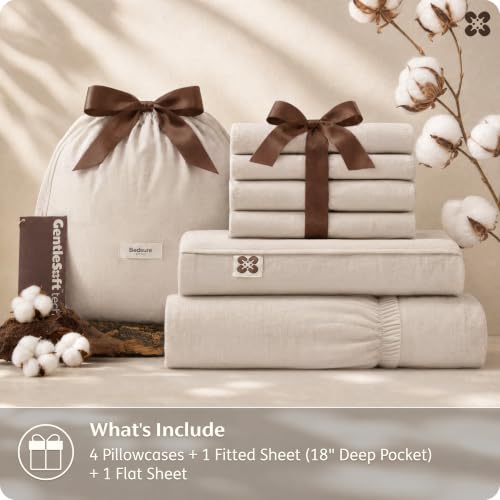 Image of Bedsure PureWoven 100% Washed Cotton Sheets Queen, Linen-Like Feel, 6PCS