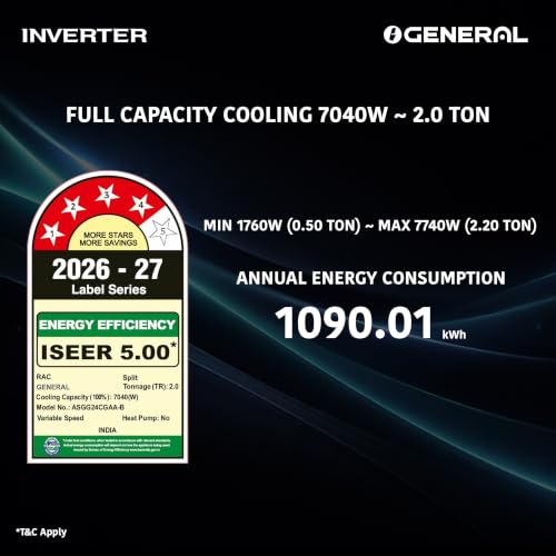 Image of GENERAL Smart Choice 2 Ton BEE 2026 4 Star Rated,Inverter Split AC(ASGG24CGAA-B, White,Copper,Powerful Cooling,15m Long Reach Airflow,4 Way Swing,Suitable for 250~300 Sft,Free Standard Installation)