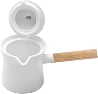 Unomor Mini Ceramic Milk Pot 12 Oz Saucepan with Wooden Handle Porcelain Butter Warmer for Melting Heating Milk Sauces and Coffee Compact Kitchen Cookware for Everyday Use