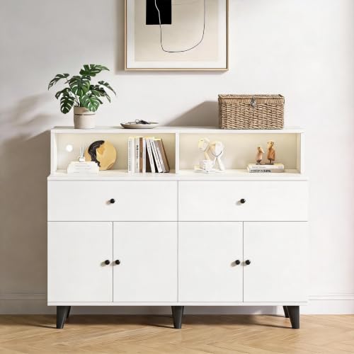 Doppeltcharms 47.2" Coffee Bar Cabinet with LED Lights & Power Outlets, Wood Kitchen Pantry Cabinet with Drawers & Adjustable Shelves, Freestanding Buffet Sideboard Storage Cabinet for Dining Room