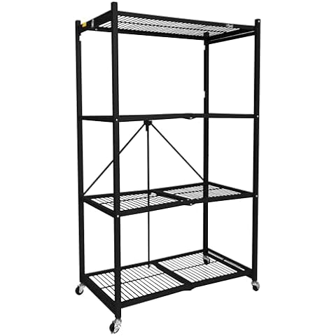 Origami 4 Tier Foldable Metal Garage Storage Shelf Rack with Wheels and Powder Coated Steel Cover