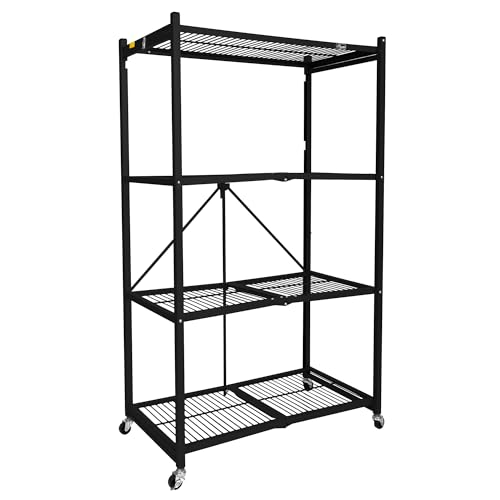 Image of Origami R5 4-Shelf Heavy-Duty Folding Storage Rack, Black - Large Foldable Metal Shelving Unit with Wheels for Garage, Pantry, Basement, Laundry Room or Warehouse