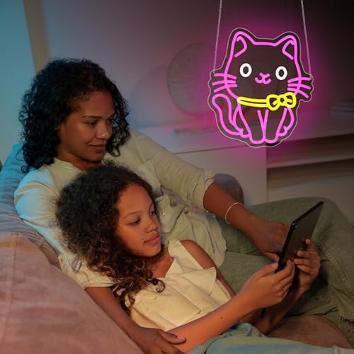 Image of Neon Sign - HSJNJKFU Cat Neon Signs for Wall Decor Pink Led Sign Cute Cat Light Up Signs for Room Birthday Party Home Decor - LED Neon USB Powered