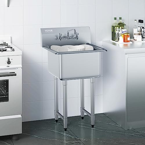 VEVOR Stainless Steel Prep & Utility Sink, 1 Compartment Free Standing Small Sink Include Faucet & legs, 21"x18" Commercial Single Bowl Sinks for Garage, Restaurant, Kitchen, Laundry by VEVOR - Image 2