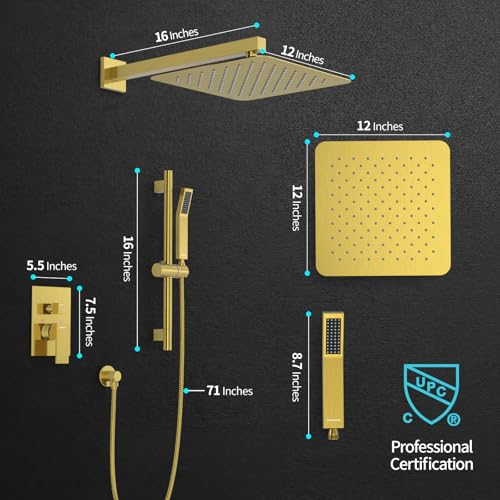Image of SR SUN RISE 12 Inch Square Shower System with Slide Bar,Brushed Gold
