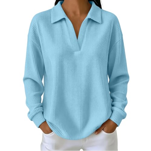 Womens Waffle Knit Collared Shirt Long Sleeve V Neck Pullover Top | Waffle Shirts for Women, Loose Fit Tops, Long Sleeve Blouses, Casual Fall Shirts, Everyday Layering, Womens Fall Fashion 2026 - image 2