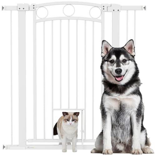 PawHut Cancelletto per Cani da Interno, Cancelletto di Sicurezza con 2 Estensioni 76-104 cm e Porta per Gatti, Cancello per Cani Animali Domestici Alto 106 cm per Corridoio e Scale, Bianco