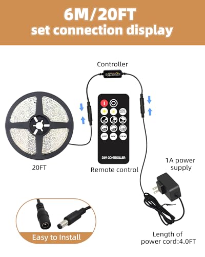 Image of 20ft LED Strip Lights with Remote, 3000K Warm Dimmable Tape Lights, 12V 360 LEDs 2835 Strong Adhesive Rope Lights for Cabinet Kitchen Ceiling Closet Vanity Mirror Stairway Basement