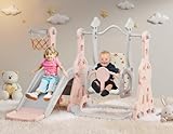 BIERUM 4 in 1 Toddler Slide and Swing Set, Baby Slide for Toddlers Age 1-2, with Basketball Hoop, Indoor Outdoor Toddler Playset Pink