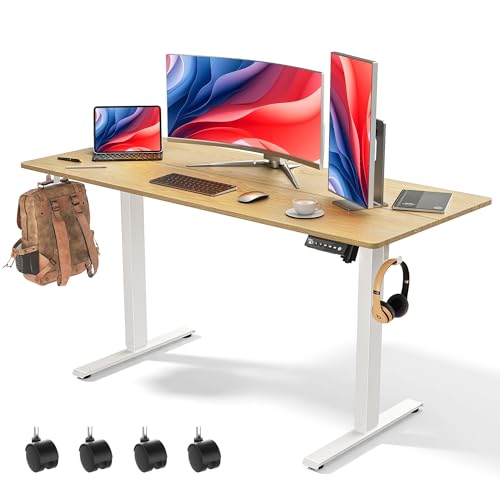 55 x 24 inch Electric Standing Desk Adjustable Height with 4 Wheels, 4 Memory Height Settings, 2 Headphone Hook, Home Office Desk, Splice Board Oak