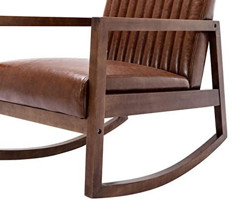 VESCASA Upholstered Rocking Chair with Channel-Tufted Back, Mid-Century Modern Comfy Oil Wax PU Leather Rocker with Black Walnut Wood Frame for Nursery Living Room Bedroom Indoor, Brown