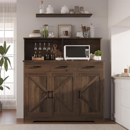 IDEALHOUSE Buffet Cabinet with Microwave Stand, Barn Doors Sideboard Storage