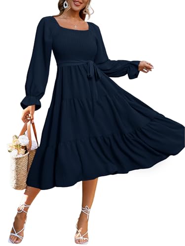 Image of Simplee Womens Long Sleeve Maxi Dress Casual Square Neck Smocked Flowy Fall Wedding Guest Dresses