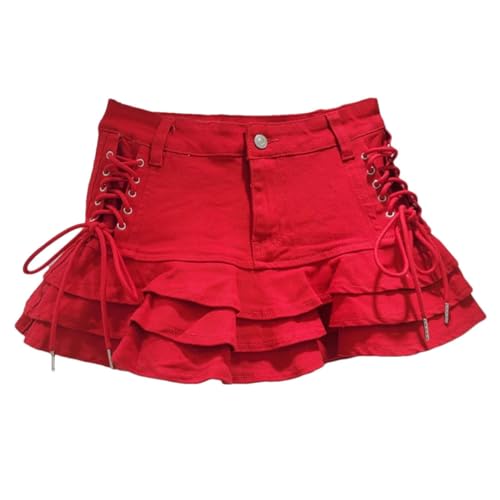 Women’S Denim Skirts with Solid Color Bandage Pleated Edge A-Line High Waist Slim Short Skirt