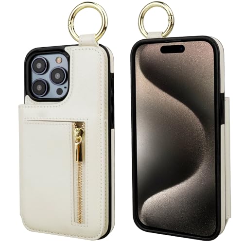 ONETOP for iPhone 15 Pro Max Zipper Wallet Case with Card Holder, PU Leather Kickstand Pocket Purse with Finger Grip Ring, Double Magnetic Clasp Durable Shockproof Cover 6.1 Inch (Beige) by ONETOP - Image 3