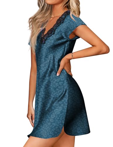 Image of Ekouaer Satin Nightgowns for Women Lace Nightgown Short Sleeve Nightshirt | Satin Night Gowns Women Sexy, Short Sleeves Night Dress, Lace V Neck, Above Knee Length, Cocktail Dates,Bridal Nightgowns