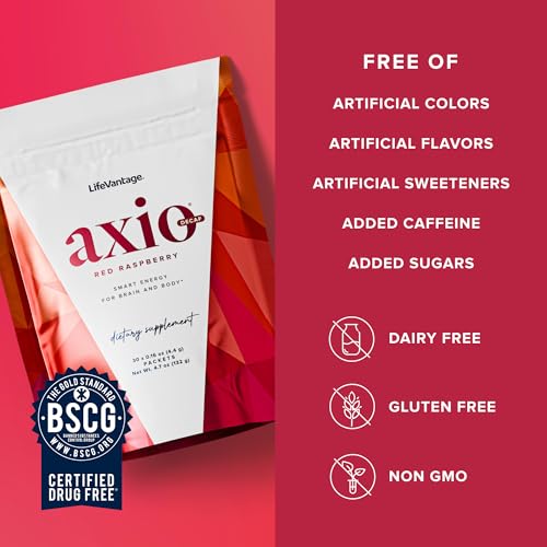 Image of LifeVantage AXIO Regular Energy Drink Powder, Nootropic Supplement, Focus & Mood Support, with L-theanine, Green Tea, B Vitamins, DMAE, Quercetin & Pine Bark, Red Raspberry, 30 Packets