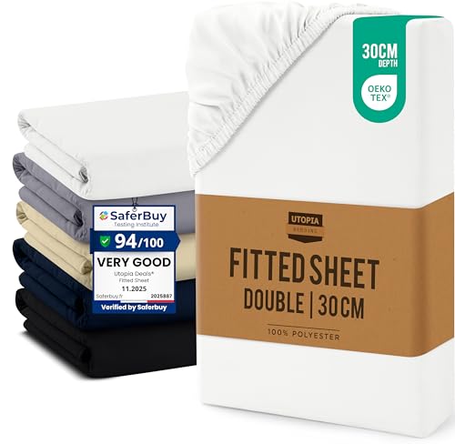 Utopia Bedding Fitted Sheet Double, White - Up to 12 Inch (30cm) Deep - Easy Care - Soft Brushed Microfibre Fabric - Shrinkage and Fade Resistant - Oeko-Tex Certified - Bottom Sheet