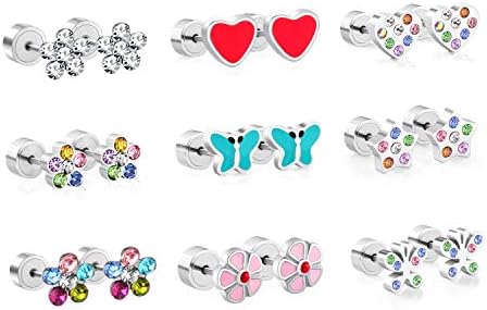 LUXU kisskids 9 Pairs Colorful CZ inlaid Stainless Steel Stud Earrings for Teen Girls Women