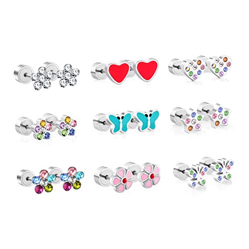 Luxu Kisskids 9 Pairs Colorful Cz Inlaid Stainless Steel Stud Earrings For Teen Girls Women #TOP2