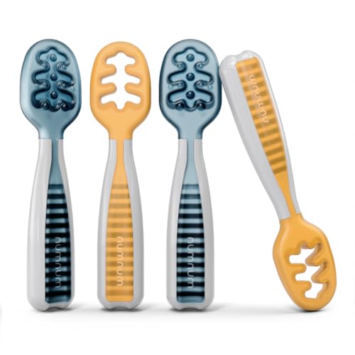 Image of NumNum Baby Spoons Set, Pre-Spoon GOOtensils for Kids Aged 6+ Months - First Stage, Baby Led Weaning (BLW) Spoon - Self Feeding, Silicone Toddler Food Utensils - 4 Spoons, Blue/Orange