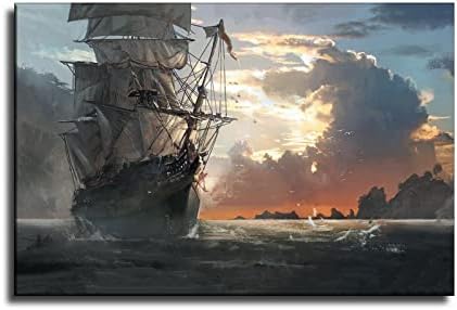 Pirate Ship at Sunset,Sea Boat Canvas Art Poster Wall Art Picture Print Modern Art Living Room Decor Posters 12x18inch(30x45cm)