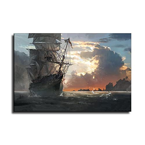 Pirate Ship At Sunset,Sea Boat Canvas Art Poster Wall Art Picture Print Modern Art Living Room Decor Posters 12X18Inch(30X45Cm) #TOP2