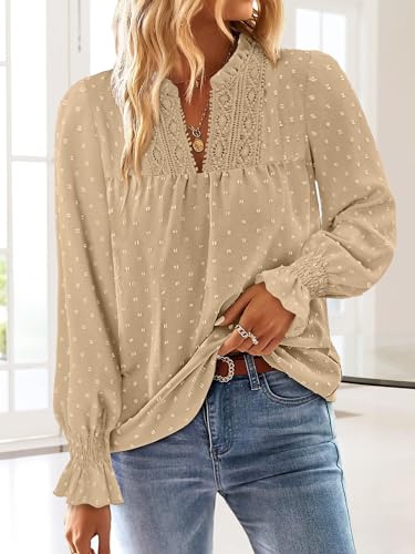 BETTE BOUTIK Women Boho Long Sleeve Shirts Dressy Casual V Neck Fall Fashion Tops Swiss Dot Flowy Blouses