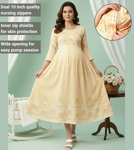 Image of DUMMY SHAPE Feeding Nighty | Maternity Dresses for Women Cotton Blend | Floral Pink Anarkali Kurta with Dual Nursing Zippers for Pregnancy & Breastfeeding | Gifts for Pregnant Women (