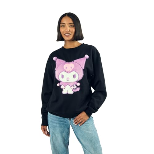 Kuromi Big Face Plush Character Womens Black Crew Neck Long Sleeve Oversized Fleece Sweatshirt-Medium