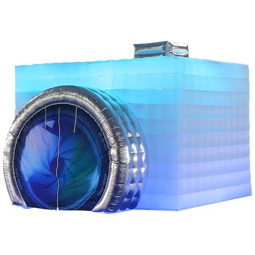 SAYOK Inflatable Photo Booth with Lights, Portable Camera Shaped Cube Tent with Blower, 11.5x9.2x8.2ft (White/Silver), Backdrop for Wedding Events, Parties, Exhibitions