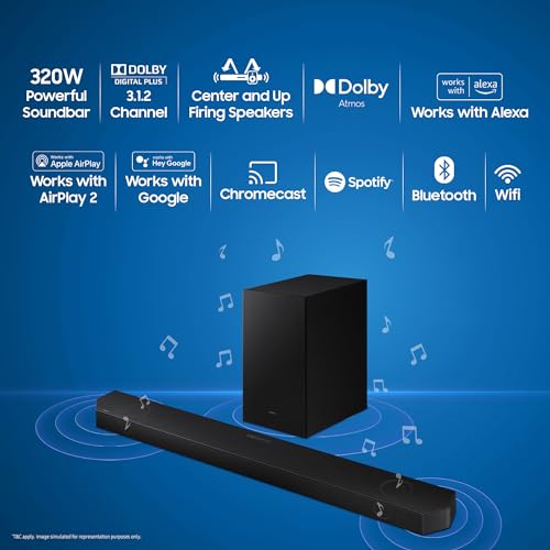 Image of Samsung Q-Symphony soundbar (HW-Q700B) with 3 Channels, 1 subwoofer Channel, and 2 up-Firing Channels, Dolby True HD with Google & Alexa Smart Speaker (Black)