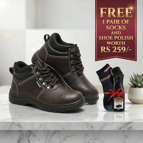 Image of Contablue Rival Safety Boots for Men | Genuine Leather, Steel Toe | ISI Certified IS:15298 | Chemical & Oil Resistant, Anti-Skid | Heavy Duty Work Boots for Construction, Mining & Industrial Use